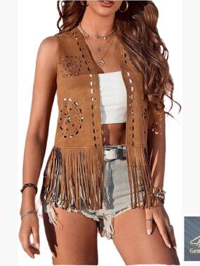 Medium Slim Fit Faux Suede Vest with Tassel Fringe Sleeveless Western Cardigan